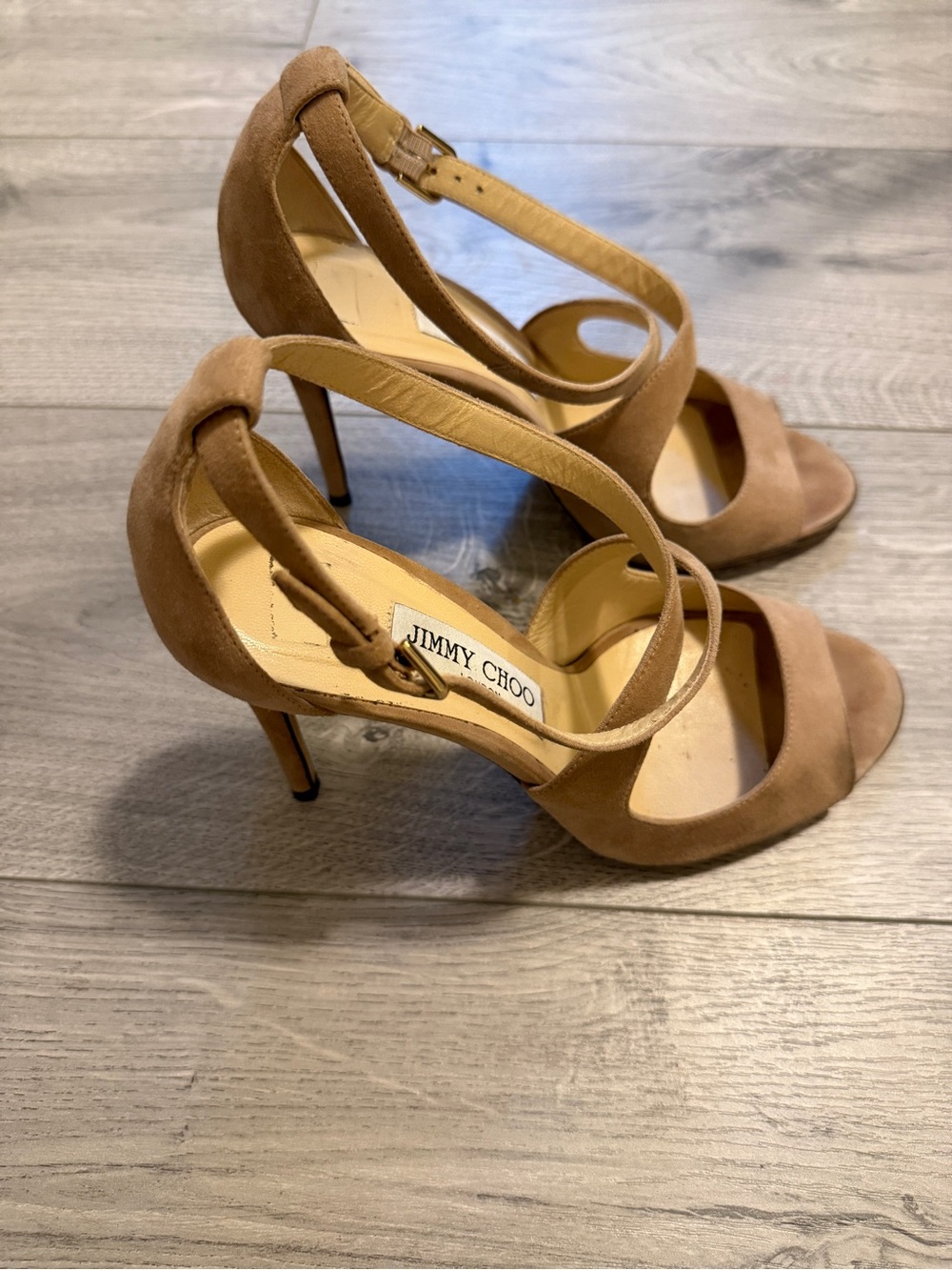 Jimmy Choo Tan Suede Crisscross Strappy High Heel Sandals